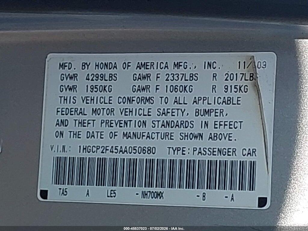 1HGCP2F45AA050680 2010 HONDA ACCORD photo no. 9
