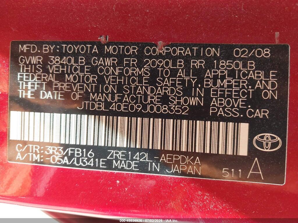 JTDBL40E09J008352 2009 TOYOTA COROLLA photo no. 9
