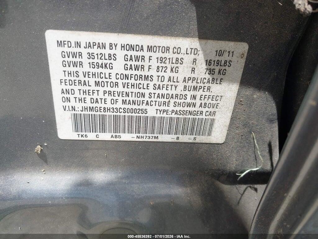 JHMGE8H33CS000255 2012 HONDA FIT photo no. 9