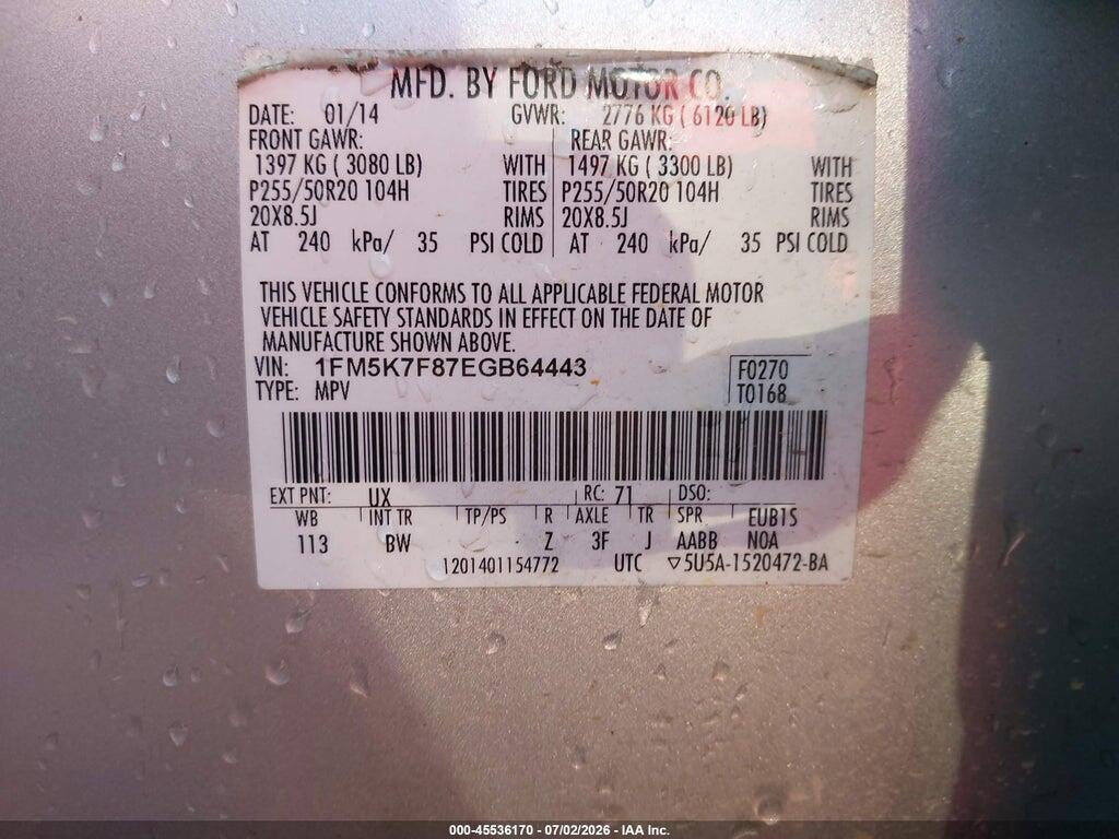 1FM5K7F87EGB64443 2014 FORD EXPLORER photo no. 9