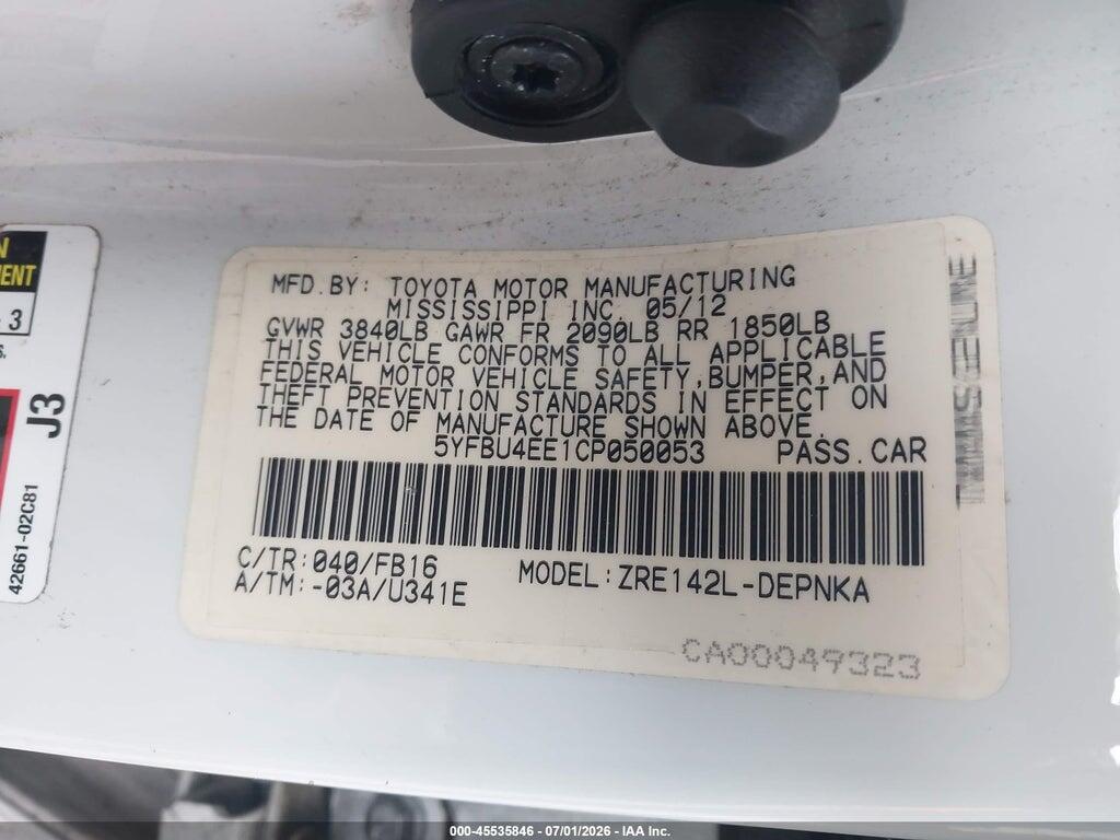 5YFBU4EE1CP050053 2012 TOYOTA COROLLA photo no. 9