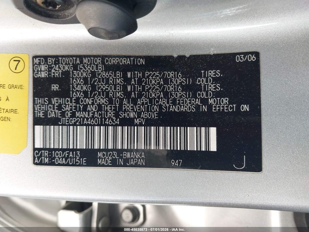 JTEGP21A460114634 2006 TOYOTA HIGHLANDER photo no. 9