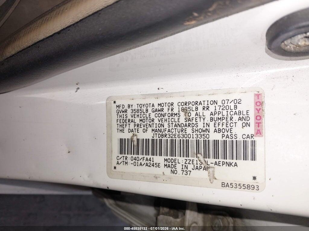 JTDBR32E630013350 2003 TOYOTA COROLLA photo no. 9