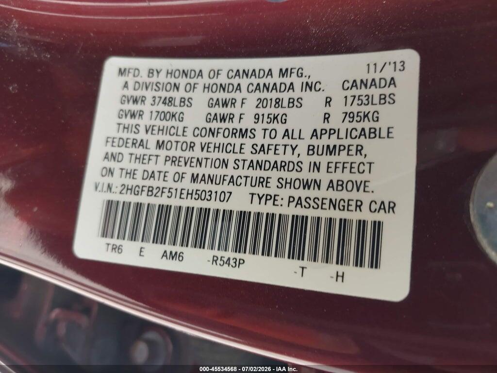 2HGFB2F51EH503107 2014 HONDA CIVIC photo no. 9