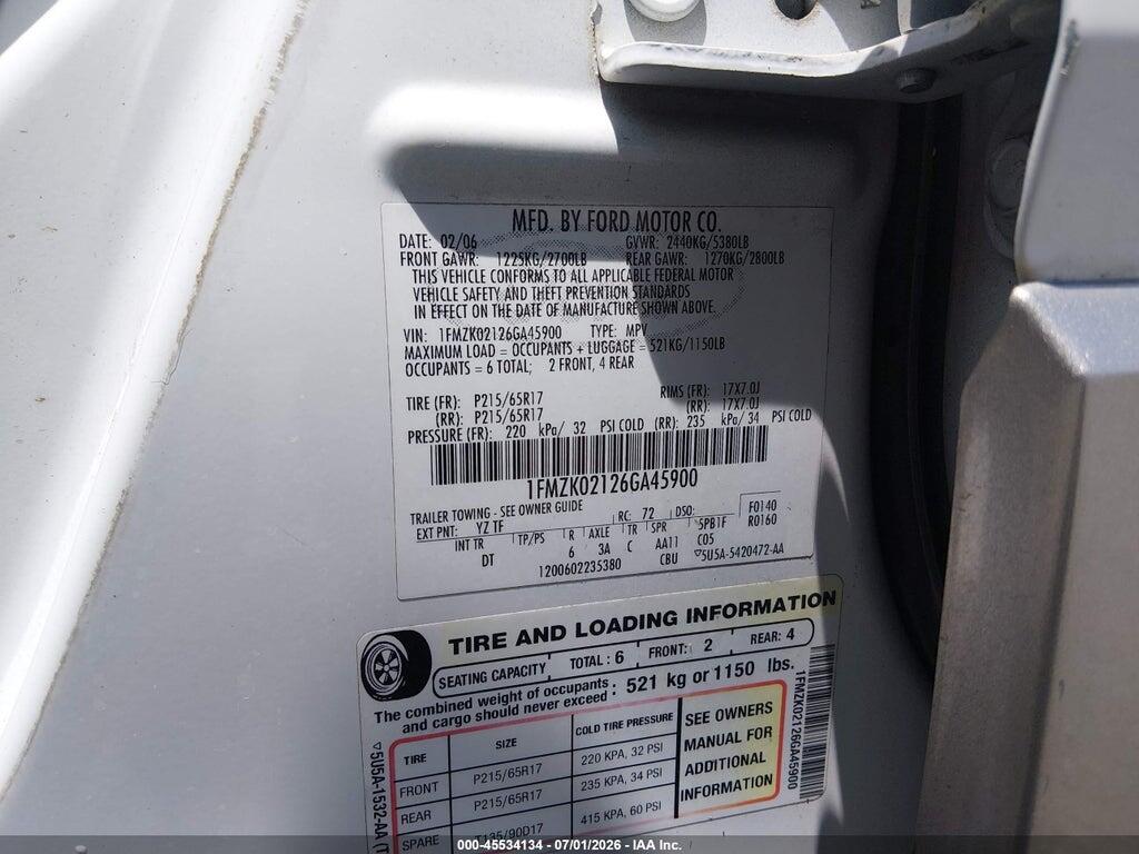 1FMZK02126GA45900 2006 FORD FREESTYLE photo no. 9