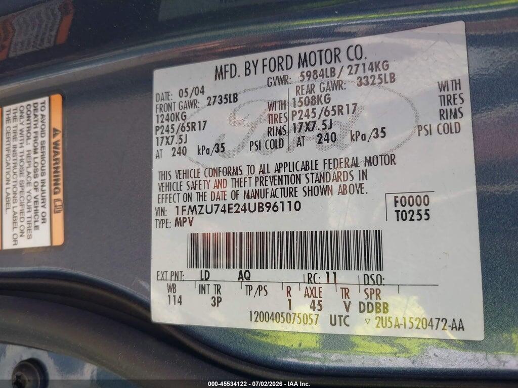 1FMZU74E24UB96110 2004 FORD EXPLORER photo no. 9