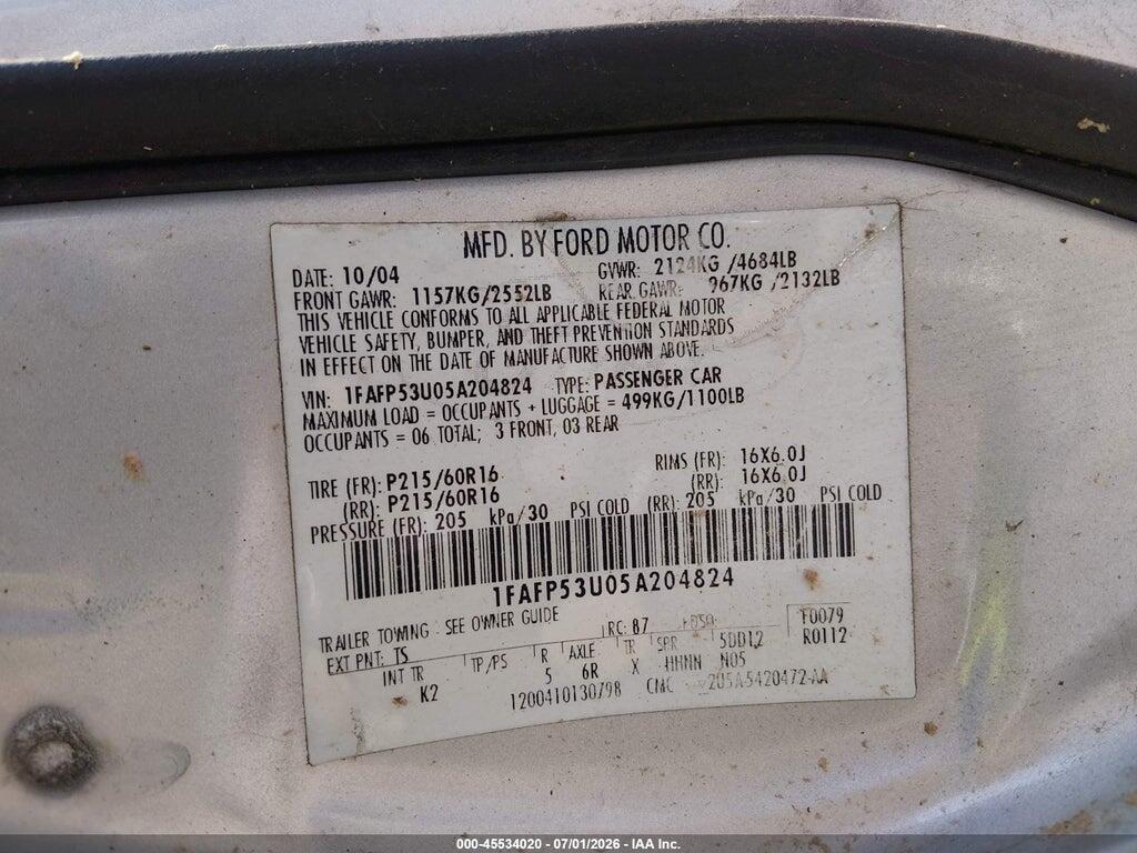1FAFP53U05A204824 2005 FORD TAURUS photo no. 9