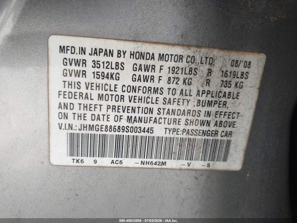 JHMGE88689S003445 2009 HONDA FIT photo no. 9