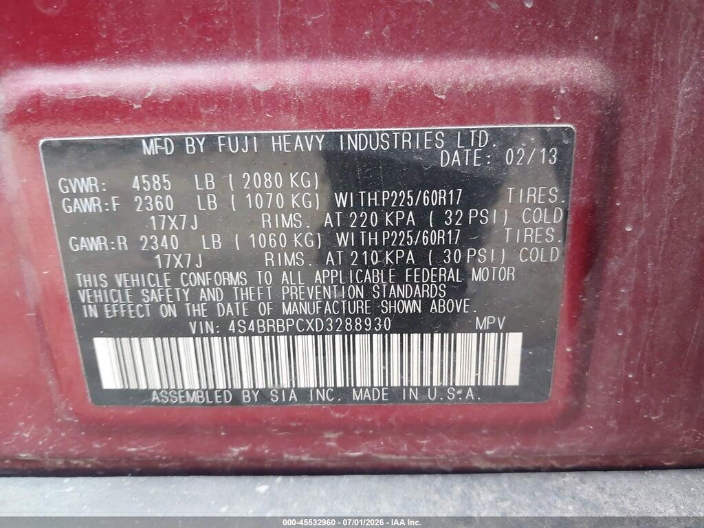 4S4BRBPCXD3288930 2013 SUBARU OUTBACK photo no. 9