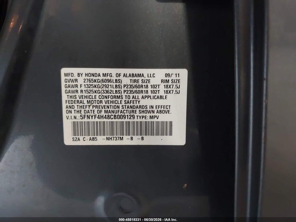5FNYF4H48CB009129 2012 HONDA PILOT photo no. 9