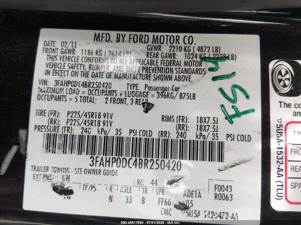 3FAHP0DC4BR250420 2011 FORD FUSION photo no. 9