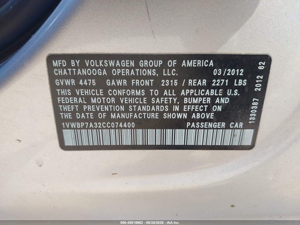 1VWBP7A32CC074400 2012 VOLKSWAGEN PASSAT photo no. 9