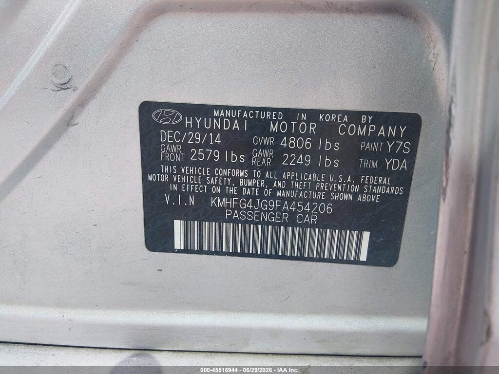 KMHFG4JG9FA454206 2015 HYUNDAI AZERA photo no. 9
