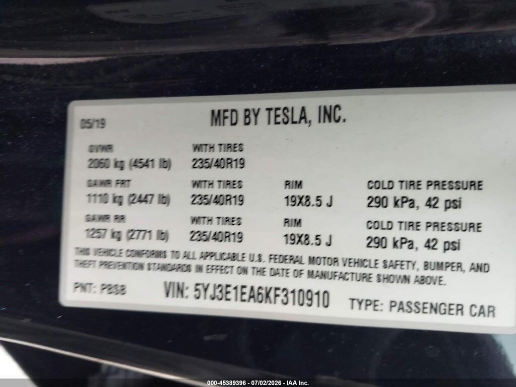 5YJ3E1EA6KF310910 2019 TESLA MODEL 3 photo no. 9