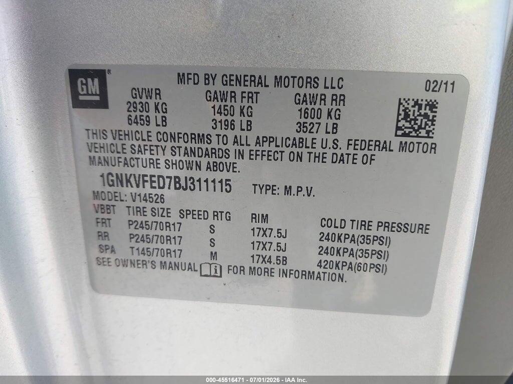 1GNKVFED7BJ311115 2011 CHEVROLET TRAVERSE photo no. 9