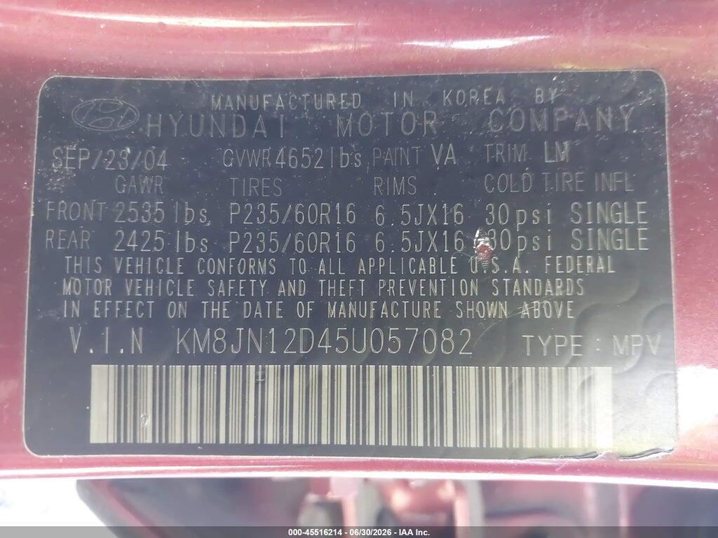 KM8JN12D454057082 2005 HYUNDAI TUCSON photo no. 9
