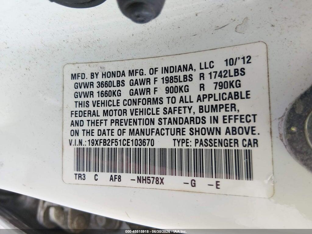 19XFB2F51CE103670 2012 HONDA CIVIC photo no. 9