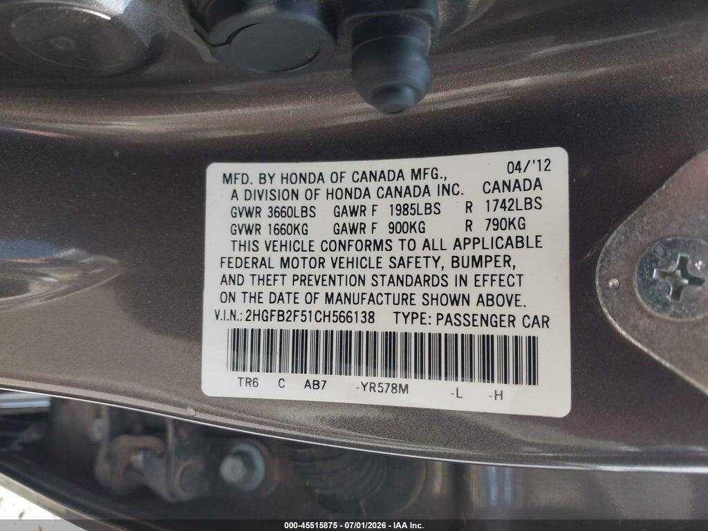 2HGFB2F51CH566138 2012 HONDA CIVIC photo no. 9
