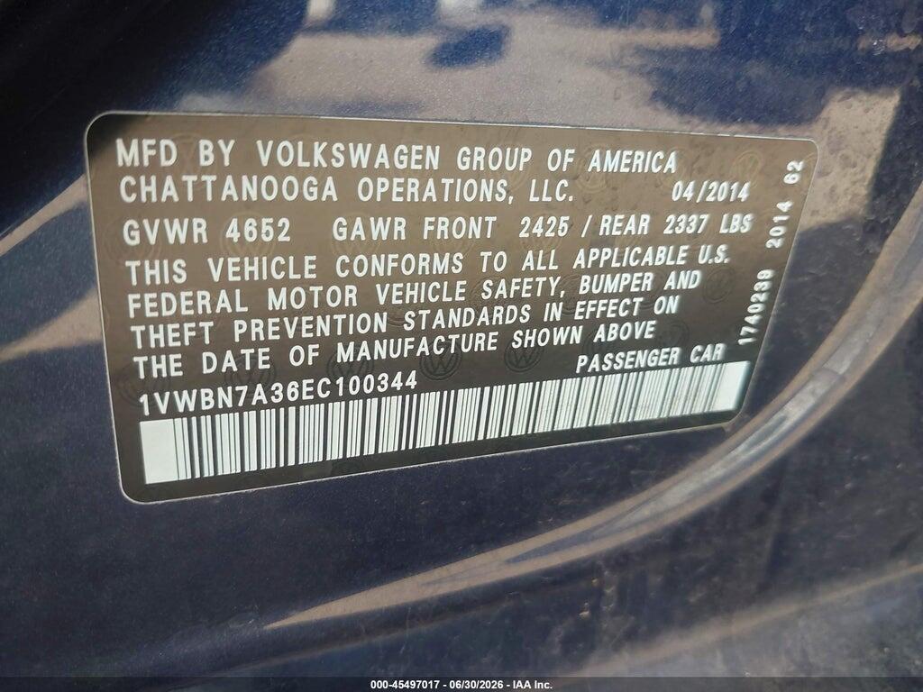 1VWBN7A36EC100344 2014 VOLKSWAGEN PASSAT photo no. 9