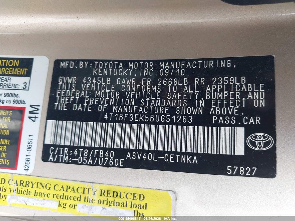 4T1BF3EK5BU651263 2011 TOYOTA CAMRY photo no. 9
