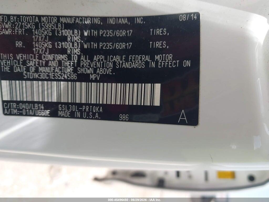 5TDYK3DC1ES524586 2014 TOYOTA SIENNA photo no. 9