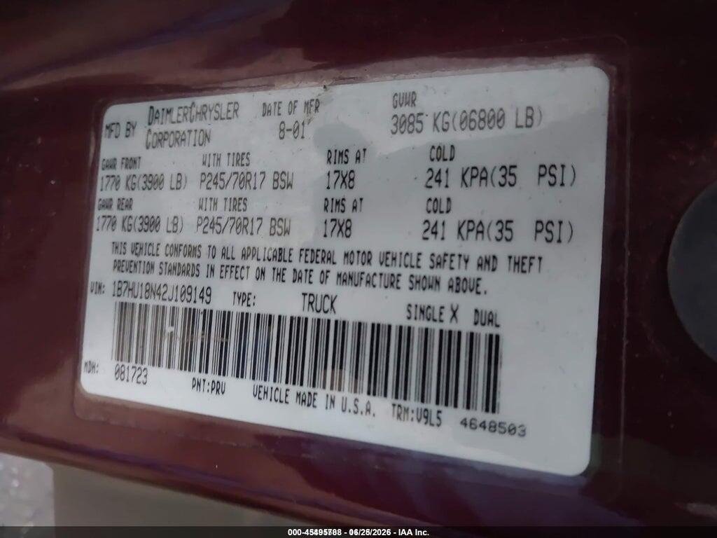 1B7HU18N42J109149 2002 DODGE RAM 1500 photo no. 9