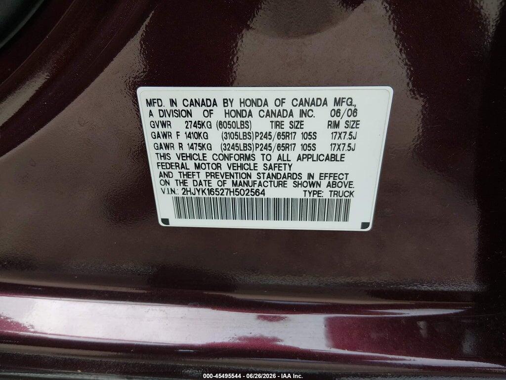 2HJYK16527H502564 2007 HONDA RIDGELINE photo no. 9