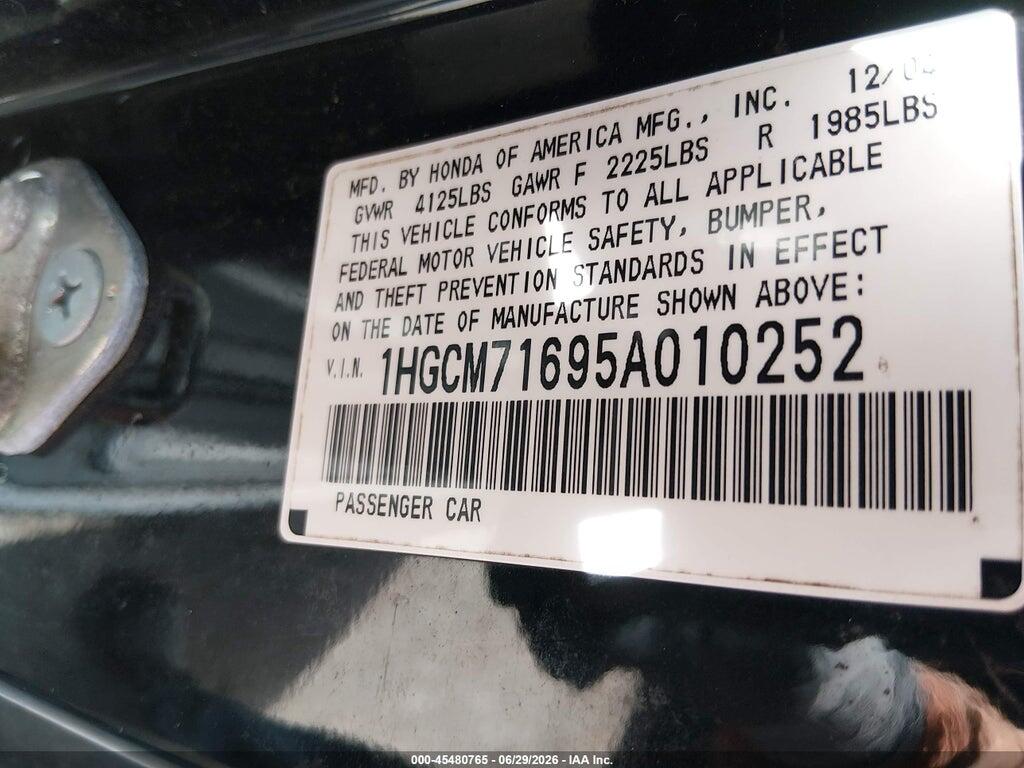 1HGCM71695A010252 2005 HONDA ACCORD photo no. 9