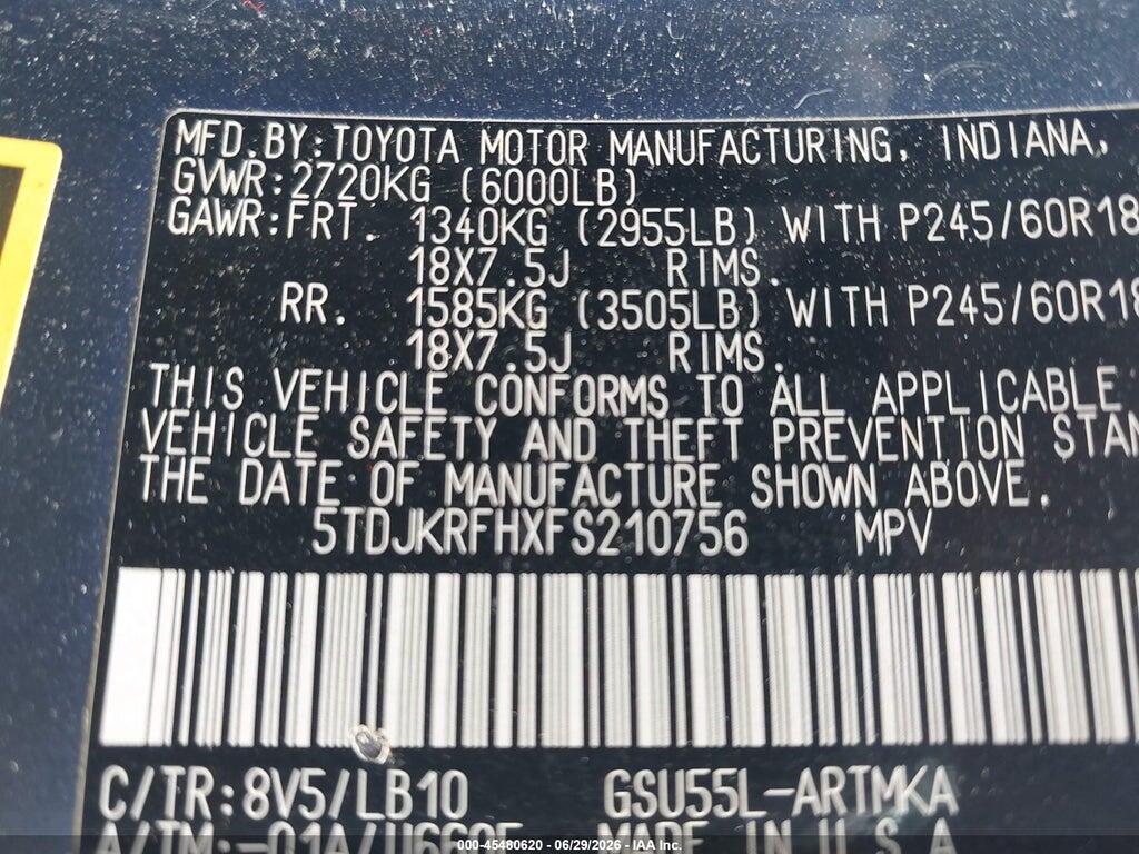 5TDJKRFHXFS210756 2015 TOYOTA HIGHLANDER photo no. 9