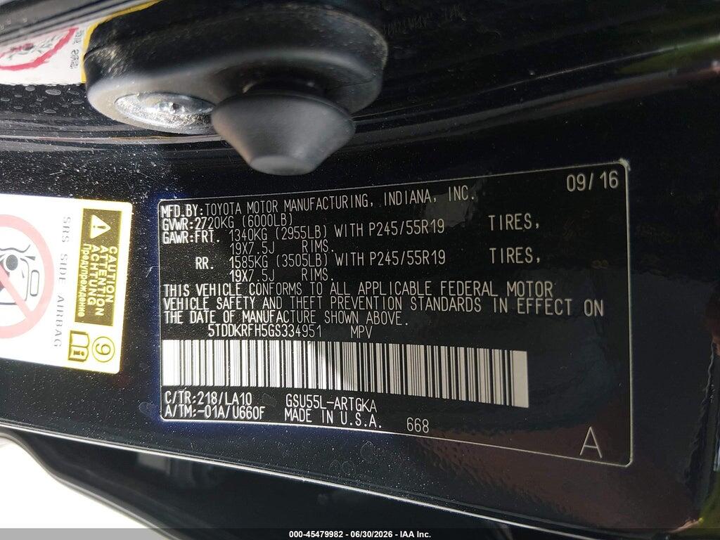 5TDDKRFH5GS334951 2016 TOYOTA HIGHLANDER photo no. 9