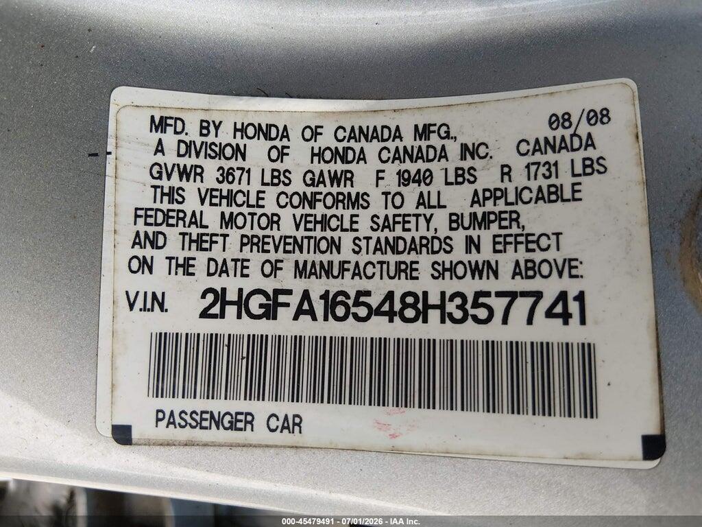 2HGFA16548H357741 2008 HONDA CIVIC photo no. 9