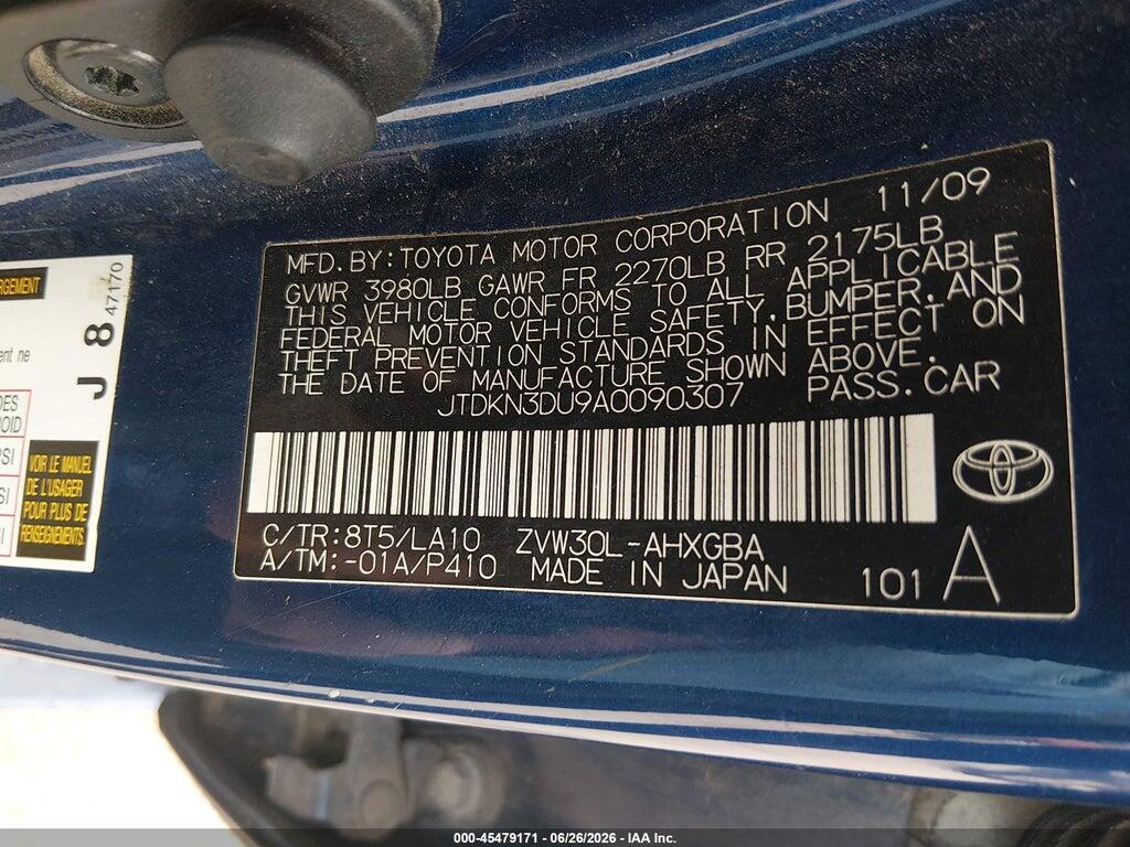 JTDKN3DU9A0090307 2010 TOYOTA PRIUS photo no. 9