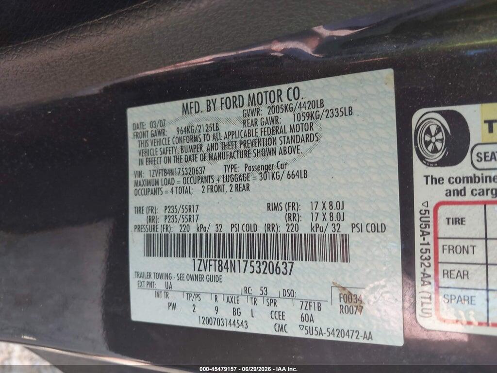 1ZVFT84N175320637 2007 FORD MUSTANG photo no. 9