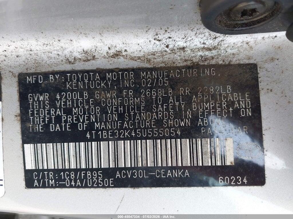 4T1BE32K45U555054 2005 TOYOTA CAMRY photo no. 9
