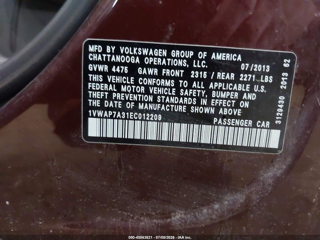 1VWAP7A31EC012209 2014 VOLKSWAGEN PASSAT photo no. 9
