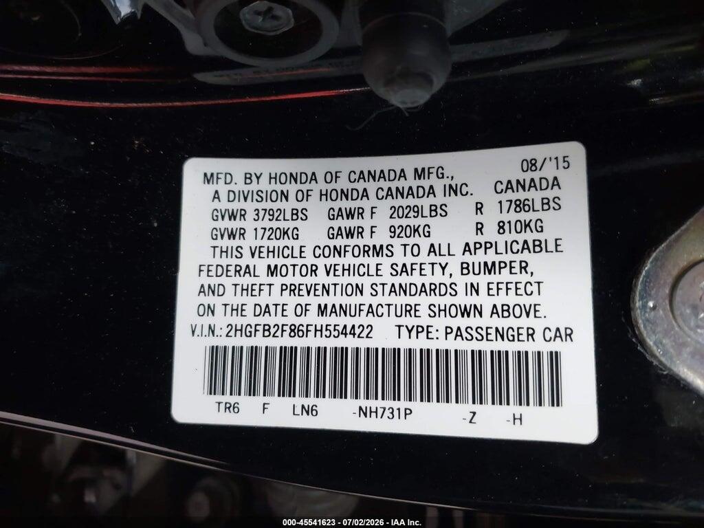 2HGFB2F86FH554422 2015 HONDA CIVIC photo no. 9