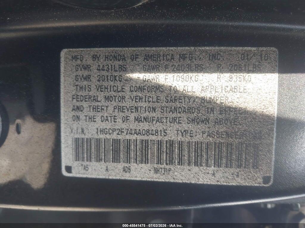 1HGCP2F74AA084815 2010 HONDA ACCORD photo no. 9