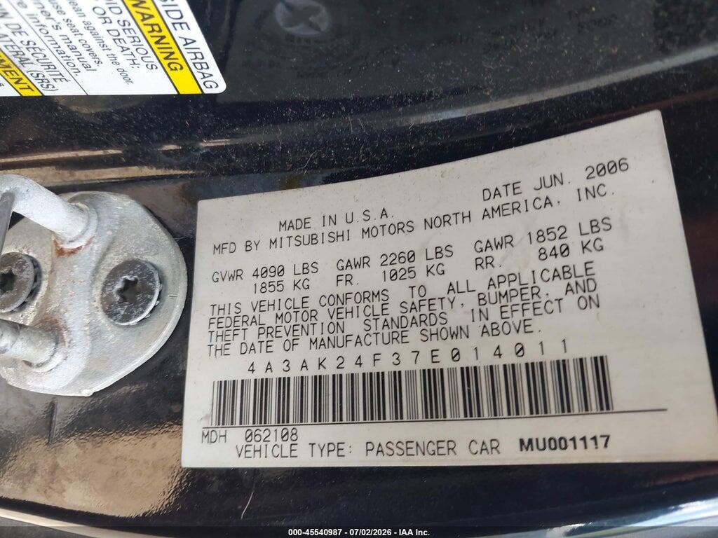 4A3AK24F37E014011 2007 MITSUBISHI ECLIPSE photo no. 9