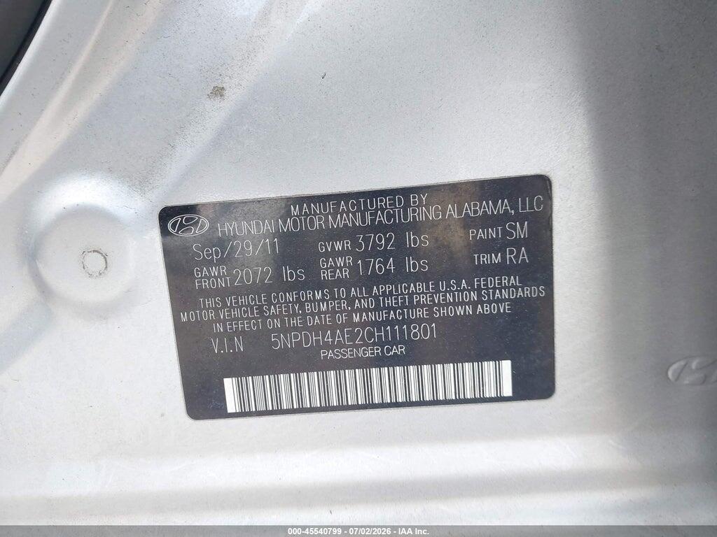 5NPDH4AE2CH111801 2012 HYUNDAI ELANTRA photo no. 9