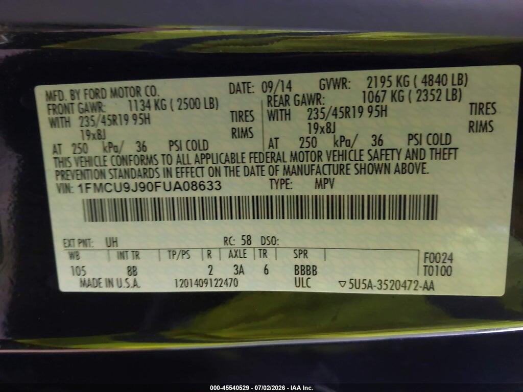1FMCU9J90FUA08633 2015 FORD ESCAPE photo no. 9