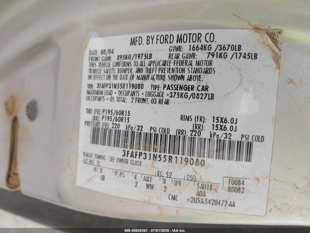 3FAFP31N55R119080 2005 FORD FOCUS photo no. 9