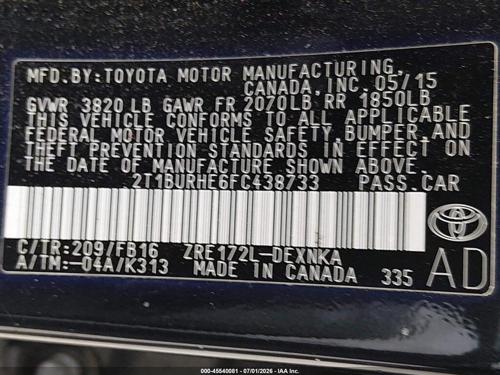2T1BURHE6FC438733 2015 TOYOTA COROLLA photo no. 9