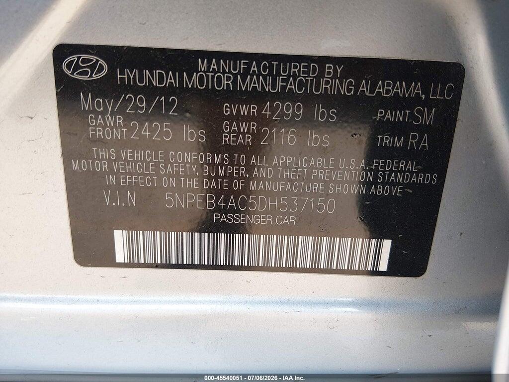 5NPEB4AC5DH537150 2013 HYUNDAI SONATA photo no. 9