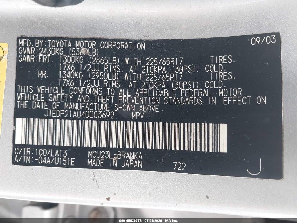JTEDP21A040003692 2004 TOYOTA HIGHLANDER photo no. 9