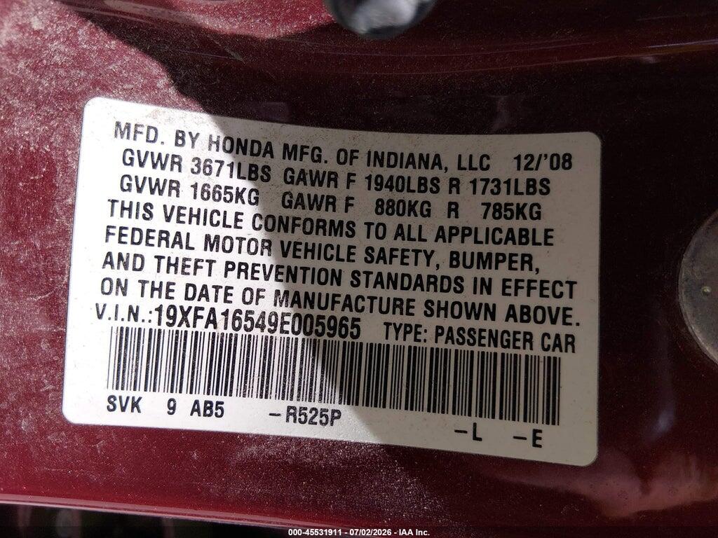 19XFA16549E005965 2009 HONDA CIVIC photo no. 9