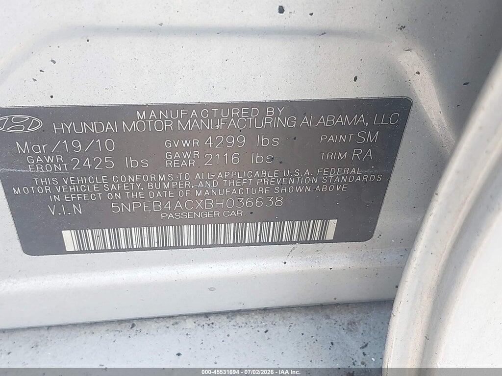 5NPEB4ACXBH036638 2011 HYUNDAI SONATA photo no. 9