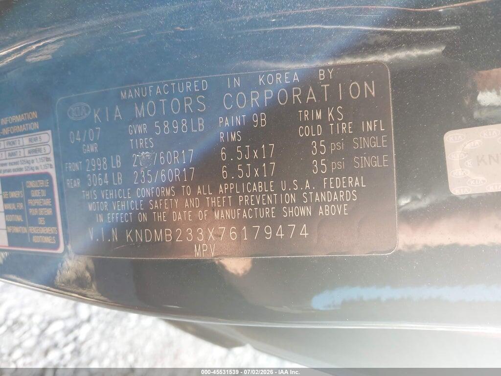 KNDMB233X76179474 2007 KIA SEDONA photo no. 9