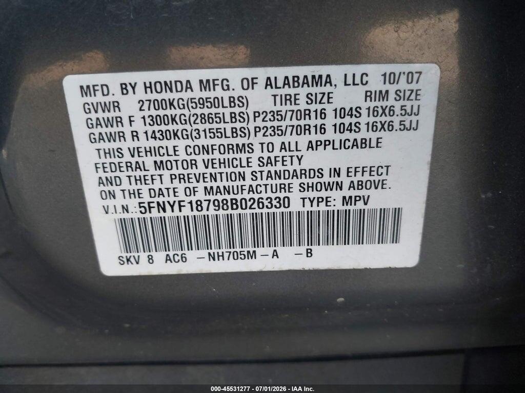 5FNYF18798B026330 2008 HONDA PILOT photo no. 9