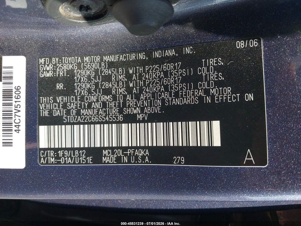5TDZA22C66S545536 2006 TOYOTA SIENNA photo no. 9