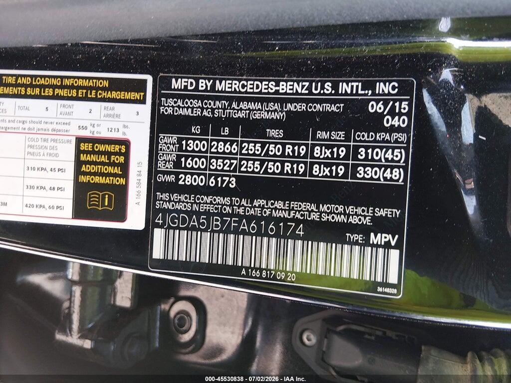 4JGDA5JB7FA616174 2015 MERCEDES-BENZ ML 350 photo no. 9